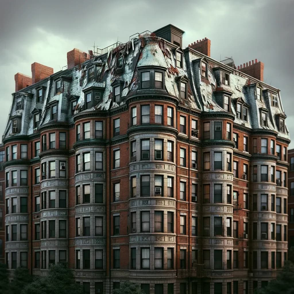 A multi-story Boston apartment complex with an aging brick facade showing signs of neglect