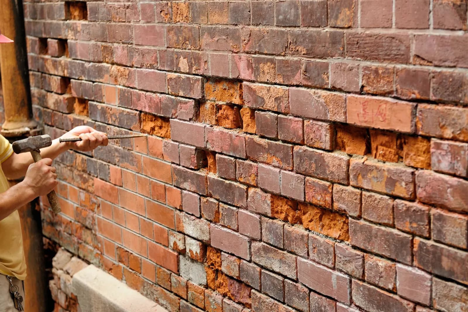 A mason using a hammer and chisel to restore a weathered brick wall.
