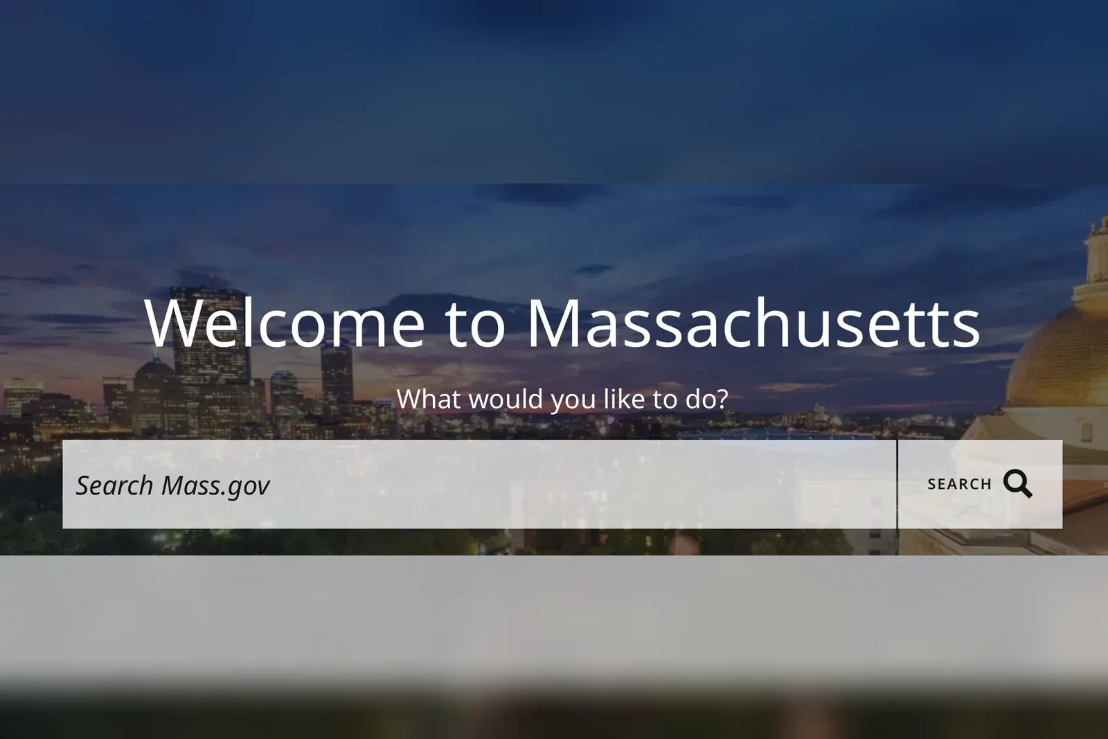 The Massachusetts state government website homepage over the Boston skyline at dusk.
