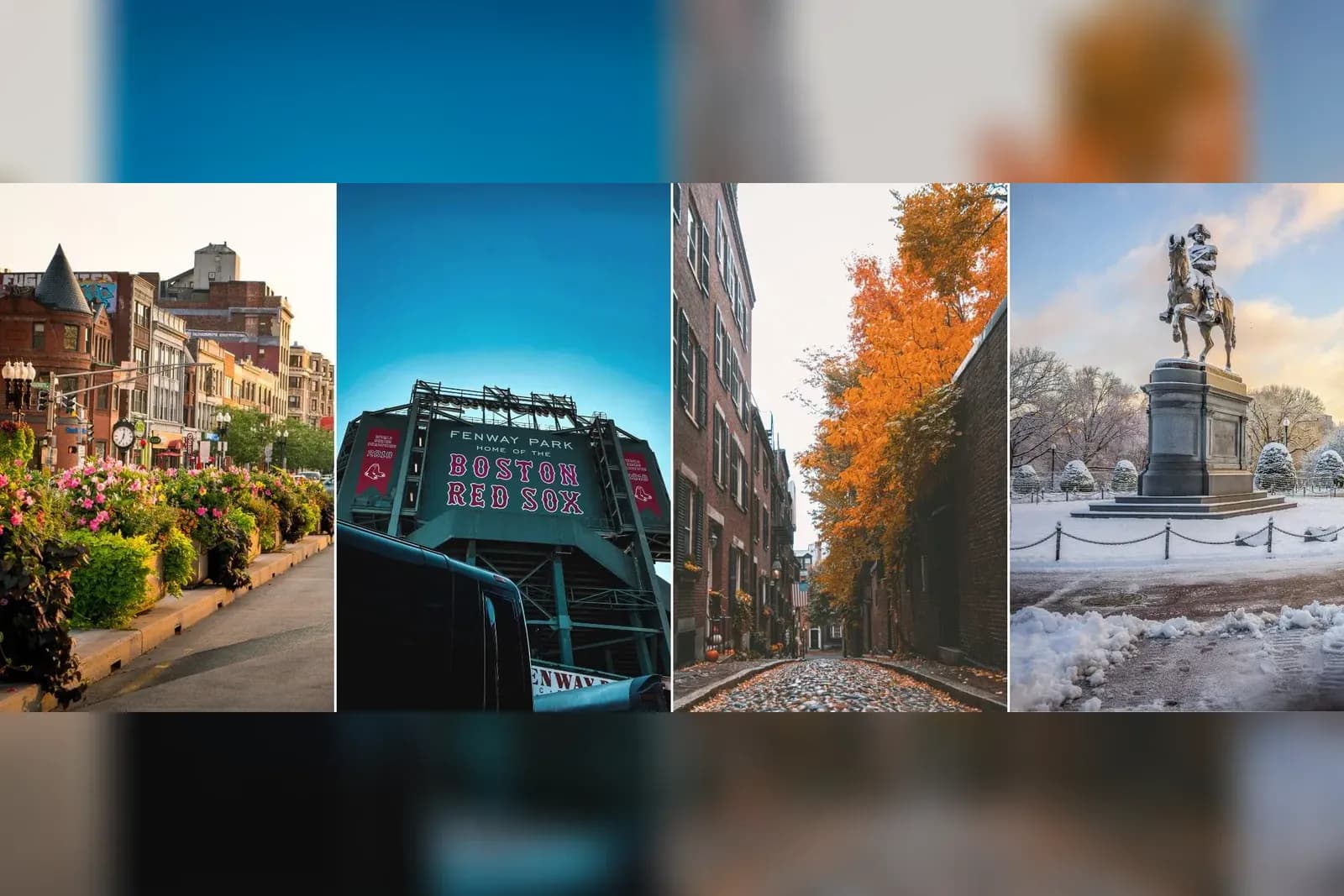 A four-panel collage of Boston through spring, summer, fall, and winter.