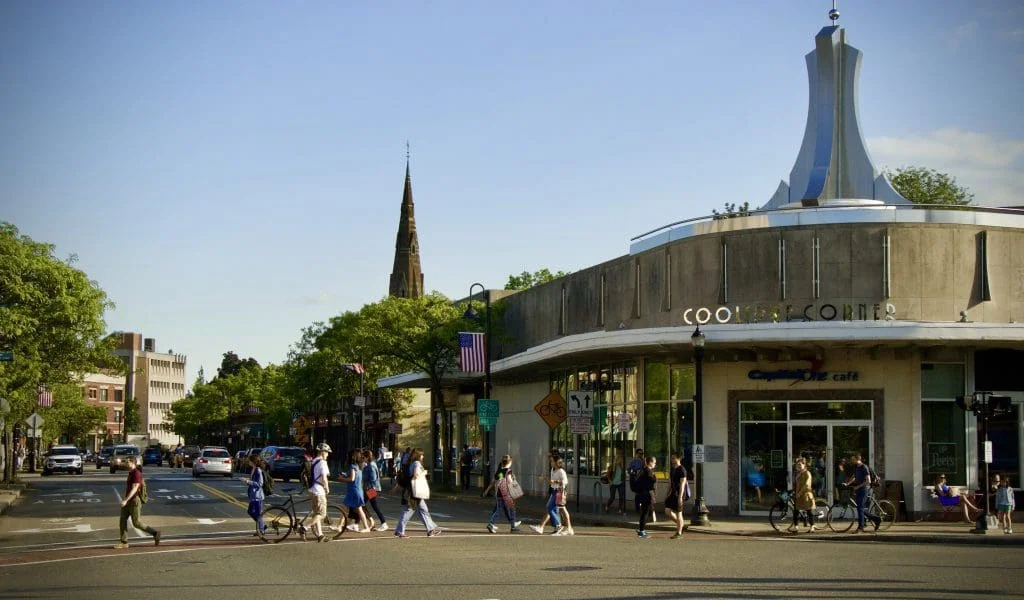 Pedestrians crossing at Coolidge Corner in Brookline.