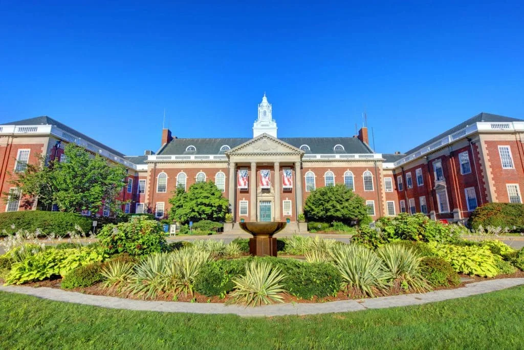 Newton City Hall behind its landscaped fountain gardens.