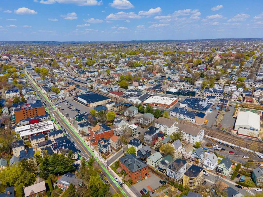 Aerial view of Somerville's dense triple-decker neighborhoods.